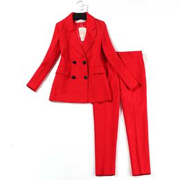 Dames Professionele Kantoorpak Broek S Herfst Double-Breasted Jacket Dame in Red Feminine Slank 210527