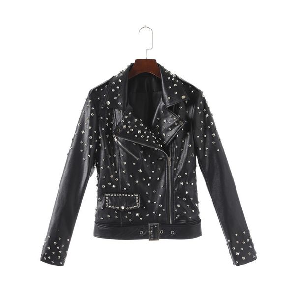 Jackets de cuero PU para mujeres Beads Diamantes Punk Motorcycle Biker Zip Winist ajustable Ajuste de mujer Faux Faux Slim Slim Outerwear WP019