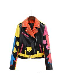 Dames Pu-leren jassen Graffiti Bloemen Letter Dierenprint Punk Motorfiets Biker Ritssluiting Klinknagel Taille Damesjassen Contrasterende kleur Bovenkleding 6329