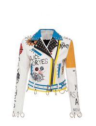 Vestes en cuir Pu pour femmes Graffiti lettre florale dessin animé imprimé Punk moto Biker Zip Rivet taille manteaux pour femmes couleur contrastée vêtements d'extérieur 8826