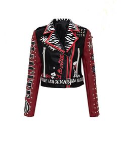 Vestes en cuir Pu pour femmes, Graffiti Floral lettre dessin animé imprimé Punk moto motard Zip Rivet chaîne taille manteaux pour femmes couleur contrastée vêtements d'extérieur 8802