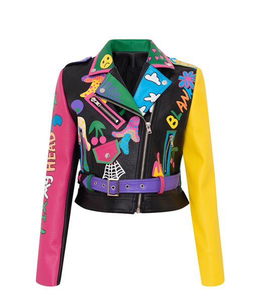 Vestes en cuir Pu pour femmes Graffiti lettre florale imprimé Punk moto Biker Zip Rivet taille manteaux pour femmes couleur contrastée vêtements d'extérieur MT-26312