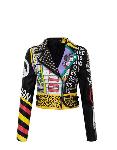 Vestes en cuir Pu pour femmes Graffiti lettre florale dessin animé imprimé Punk moto motard Zip Rivet chaîne taille manteaux pour femmes couleur contrastée vêtements d'extérieur 8811