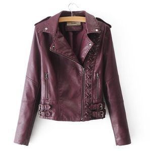 Dames pu lederen jassen linten knop punk motorfiets motorrijder verstelbare taille zip klinknagel gesplitste slanke vrouw faux korte lagen wp016