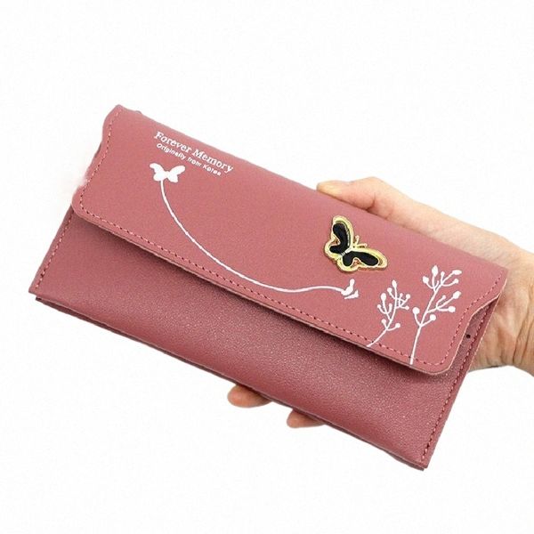billeteras de cuero PU lg para mujeres billeteras de cartas femeninas de marca de lujo con bolso de monedas damas bola de lana bolso de embrague de mariposa 15k8#