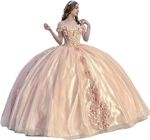 Gezwollen tule Quinceanera-jurken voor dames Off-shoulder Sweet 15-jurken met sleep Baljurk met hartvormig kant