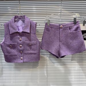 Chaleco sin mangas con lentejuelas y paillette de tweed con cuello vuelto de color morado para mujer, abrigo y pantalones cortos, conjunto twinset de 2 piezas, SML