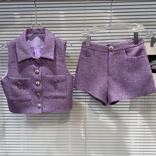 Gilet sans manches à paillettes en tweed pour femmes, couleur violette, col rabattu, paillette, manteau et short, twinset, costume 2 pièces SML