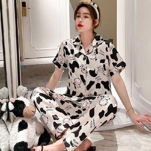 Pyjama's voor dames 2023 Zomer Nieuwe luipaard Print Silk 2-delige set Home Textile Merkontwerper Hooggrade Cartoon Plaid Casual Women Short Sleeve Cardigan