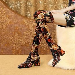 Botas de tacón estampado QGK de mujer 2021 Casual rodilla de rodilla alta de invierno Fashion Fashion Cool Knight 264 256 Knee-