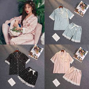 Dames qweek pamas voor meisjes thuispak pyjama satijn femme sweetheart lounge set polka dot pijamas mujer slaapkleding nachthemd 211103