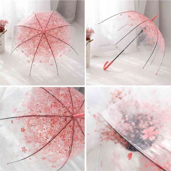 Paraguas de lluvia para mujer transparente transparente flor de cerezo seta apolo sakura impreso tres plegables 210721