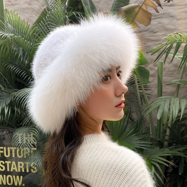 Chapeau de fourrure de vison véritable pour femmes chapeau melon tricoté chapeau haut de forme hiver chaud bonnet casquette avec bord en fourrure de renard