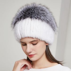 Women's Real Mink Bont Muts Gebreide Cap Beanie Ski Warm Outdoor Skull Hat W Silver Fox Ball Pom
