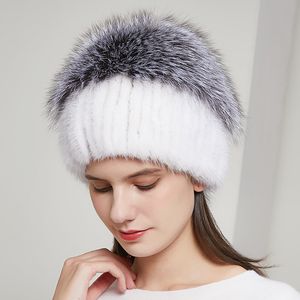 Bonnet en fourrure de vison véritable pour femme Bonnet tricoté Bonnet de ski chaud en plein air Skull Hat W Silver Fox Ball Pom