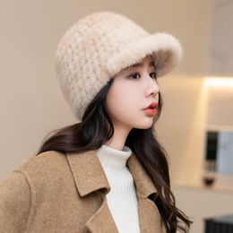 Gorro de piel de visón Real para mujer, gorro con visera, gorro cálido para invierno, gorro de esquí para exteriores, gorro para montar