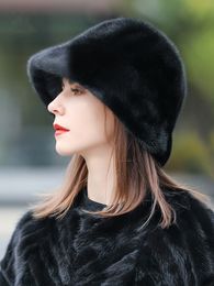 Bonnet en fourrure de vison véritable pour femmes hiver chaud cache-oreilles casquette de pêcheur noir beige