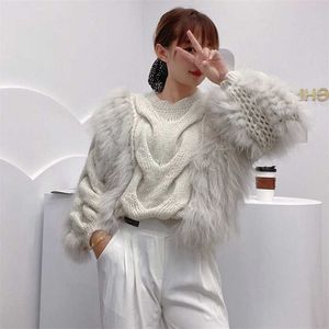 Dames echte wasbeer bont gebreide trui vest Japanse stijl vrouwelijke bont pullover warme herfst winter hoge hals bont truien 211019