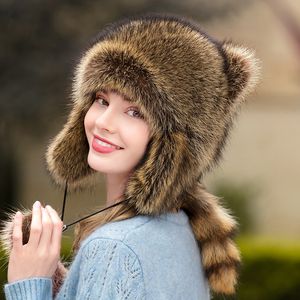 Chapeau de chasseur de trappeur russe en vraie fourrure de raton laveur pour femme, capuchon d'oreille de chat chaud d'hiver