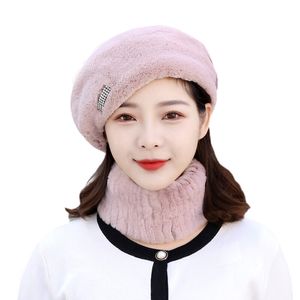 Women's Real Rex Rabbit Fur Hat Scarf Sets Winter Warm Beret Cap Fluffy Soft