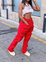 Pantalones de chándal apilados rojos para mujer Chándales de cintura alta Y2K Harajuku Joggers Streetwear Mall Goth Cargo Pants Safari Pantalones 240115