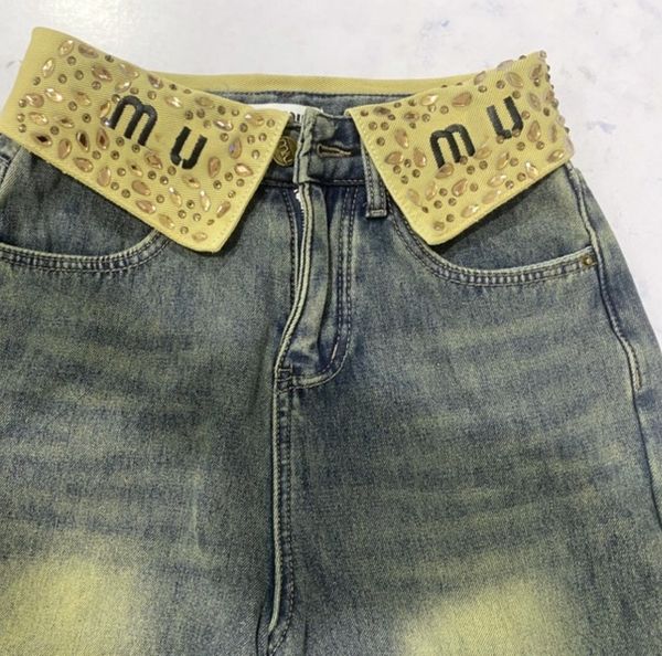 Jeans azules retro para mujer con diseño de pedrería con volantes, letras bordadas y afelpadas para abrigar y adelgazar, pantalones vaqueros de pierna recta