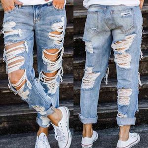 Dames Ripped Jeans Mode Braziliaanse Straat Dames Blue Washed Wide-Leg Broek Meisjes Losse Full-lengte Mid-Taille 211129