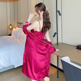 Rata para mujeres Faux Silk Women 2 PCS Robe Set Lace Kimono Bathrobe Bown Lingerie íntima ropa de noche sexy