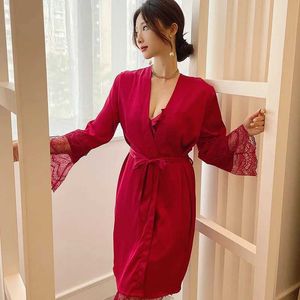 Robe en dentelle de robe patchwork Robe Suit femmes Lingerie Vgerie V-Neck 2pcs Kimono Bathrobe Gown Bridal Wedding Party Gift Nightwear