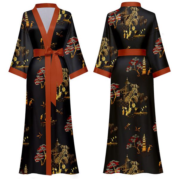 Femmes Robe Printemps Été Femmes Longue Robe Kimono Peignoir Robe Sexy Noir Imprimer Vêtements De Nuit Chemise De Nuit Casual Demi Manches Satin Maison Robe 230225