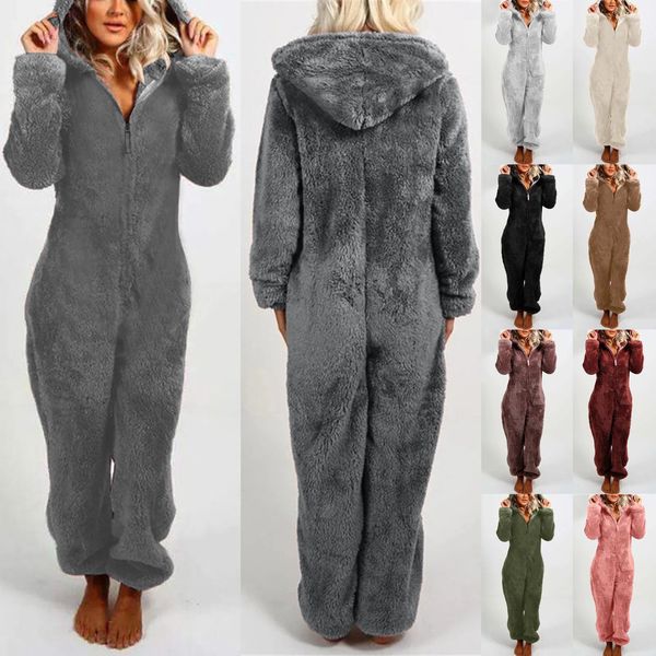 Robe pour femme Hiver Chaud Pyjamas Femmes Onesies À Capuche Moelleux Polaire Combinaisons Vêtements De Nuit Nuisettes Fermeture Éclair À Manches Longues Barboteuse Pyjama Homewear 231206