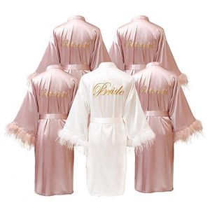 Bata de mujer Mujer Pluma Novia Dama de honor Boda Satén Kimono Albornoz Vestido Ropa de dormir Bordado Carta Camisón Lencería 220830