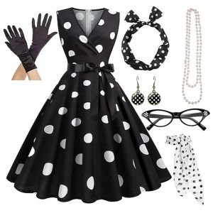 Rockabilly-jurk voor dames Polka Dots Swing Flare-jurk met accessoires Set Oorbellen Ketting Hoofdband Bril Handschoenen Jurk