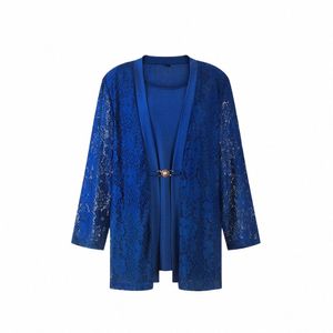 Femmes Royal Blue Chic 3/4 manches dentelle Blouse été Crochet tunique haut de grande taille pour les femmes Busin chemise décontractée W125 v9tw #