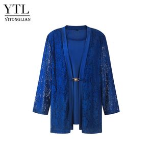 Dames koningsblauw chic kanten blouse met 34 mouwen zomer gehaakte tuniek grote maten top voor dames zakelijk casual overhemd W125 240112