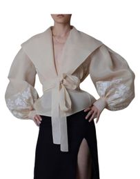 Lanterne à fleurs en tissu organza de style royal pour femmes, manches longues, ceintures amples, manteau de protection solaire, cardigans SML