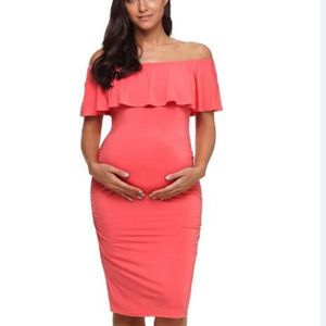 Vestido de maternidad con volantes y hombros descubiertos para mujer Vestido con volantes Ropa de embarazo Lados fruncidos Longitud de la rodilla Vestidos ajustados Q0713
