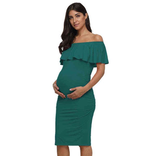 Robe de maternité sans manches à volants pour femmes, épaules dénudées, côtés froncés, longueur au genou, robe moulante, vêtements pour maman enceinte, baby shower, G220309