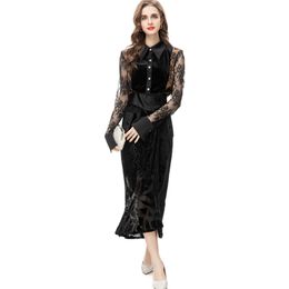 Robe deux pièces de styliste pour femmes, col rabattu, manches longues, chemise en dentelle avec jupe crayon imprimée, Twinsets