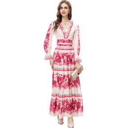Runway-ontwerper voor dames, tweedelige jurk, V-hals, lange mouwen, bedrukte blouse met bloemen-A-lijn rok Twinsets