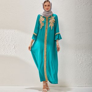 Runway-jurk voor dames O-hals Lange mouwen Borduurapplicaties Biesmode Maxi moslimgewaden Vestidos