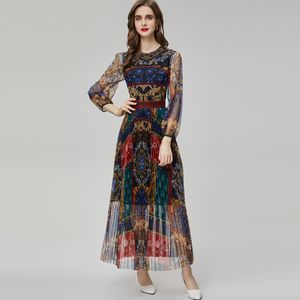 Runway-jurk voor dames, O-hals, lange mouwen, bedrukt, geplooid, elegant, high street designer-vestidos