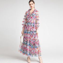 Runway-jurk voor dames, sexy, v-hals, lange mouwen, ruches, bedrukte bloemen, mode, maxi-ontwerper, feestjurken