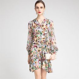 Vrouwen Runway Jurk Sexy V-hals Lange Mouwen Bloemen Gedrukt Gedrapeerde Ruches Ruches Mode Schede Designer Jurken Vestidos317B