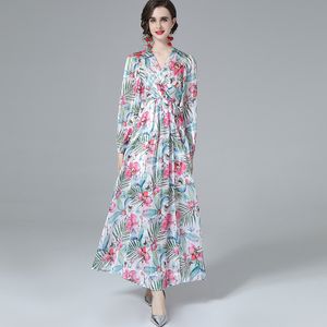 Runway-jurk voor dames Sexy V-hals Lange mouwen Gedrukte bloemen High Street Designer-jurken Vestidos