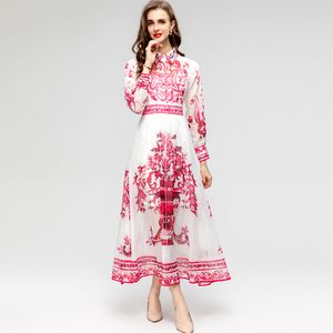 Runway-jurk voor dames, kraag met lange mouwen, vintage bedrukte kralen, elegante veterriem, modeontwerper vestidos