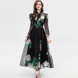 Robes de piste pour femmes Lacet Up Collier Longs Floral Imprimé à rayures High High Street Designer Vestidos décontractés