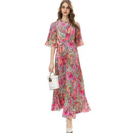 Runway-jurken voor dames O-hals 3/4 mouwen geplooid bloemenprint elegante mode-baljurken