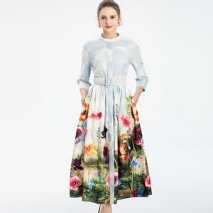 Robes de défilé pour femmes col rond manches 3/4 imprimé mode automne mi-mollet robe Vestidos