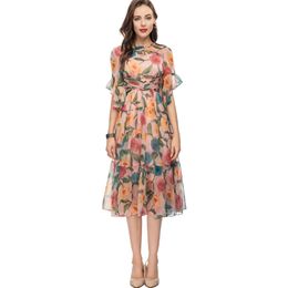 Robes de piste pour femmes O Neck Half Sleeves Appliques Imprimé Floral High Street Fashion Designer Vestidos